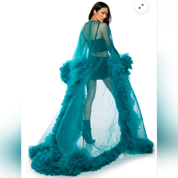 AKIRA Jackets & Blazers - Elegant Teal Sheer Gown Duster with Ruffle Details